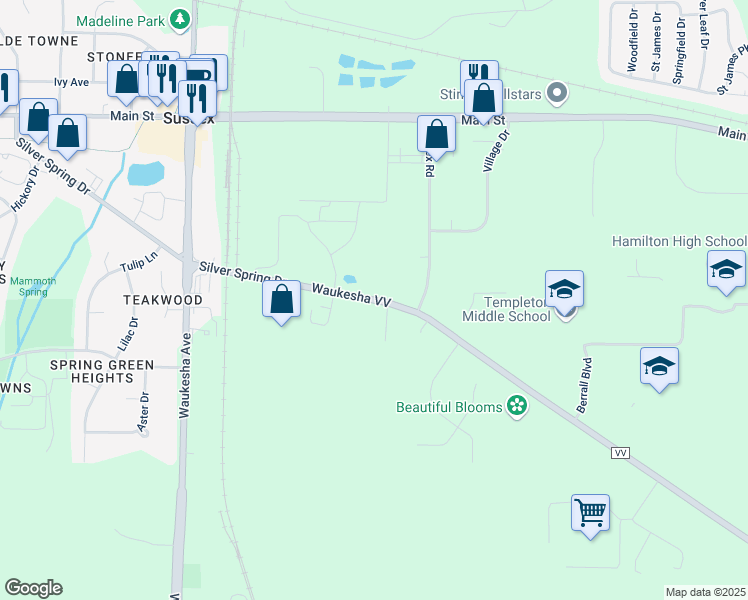 map of restaurants, bars, coffee shops, grocery stores, and more near Waukesha VV in Waukesha County