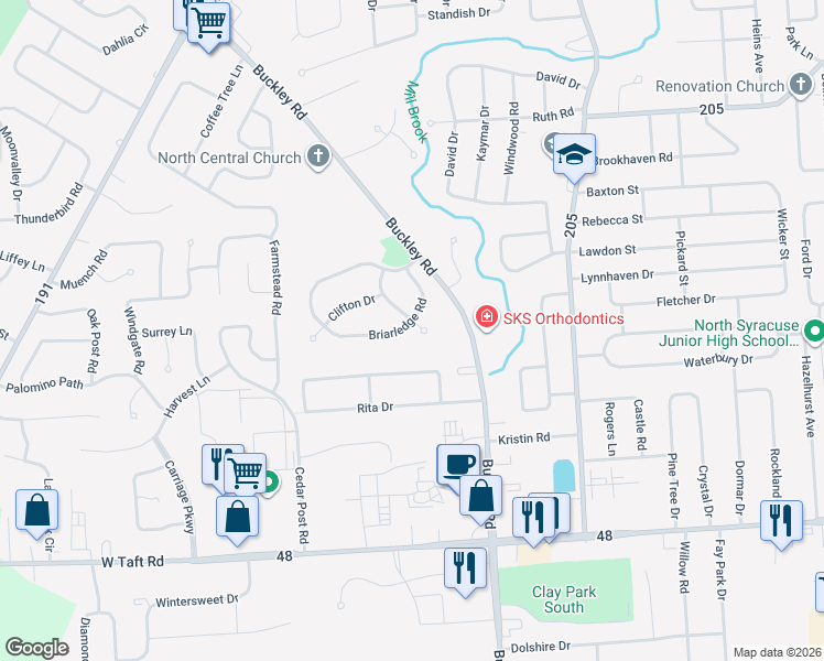 map of restaurants, bars, coffee shops, grocery stores, and more near 7381 Jessica Drive in Syracuse