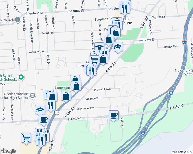 map of restaurants, bars, coffee shops, grocery stores, and more near 439-441 South Main Street in North Syracuse