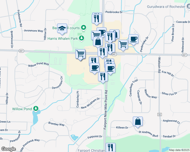 map of restaurants, bars, coffee shops, grocery stores, and more near 2161 Fairport Nine Mile Point Road in Fairport