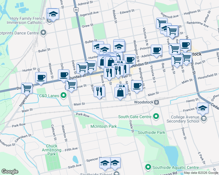 map of restaurants, bars, coffee shops, grocery stores, and more near 48 Perry Street in Woodstock
