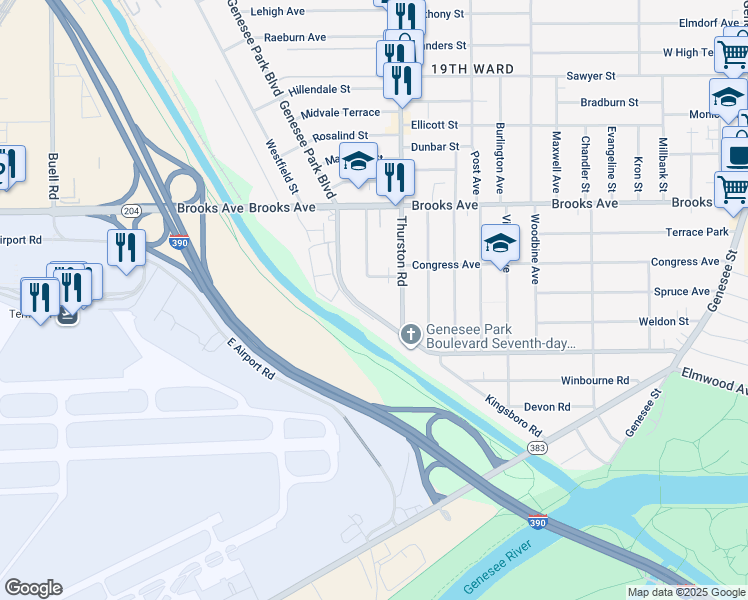 map of restaurants, bars, coffee shops, grocery stores, and more near 492 Genesee Park Boulevard in Rochester