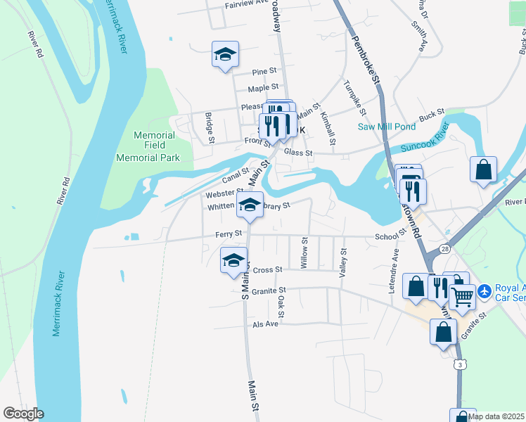 map of restaurants, bars, coffee shops, grocery stores, and more near 1 Library Street in Allenstown