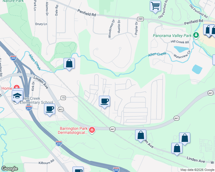 map of restaurants, bars, coffee shops, grocery stores, and more near 3 Miami Drive in Rochester
