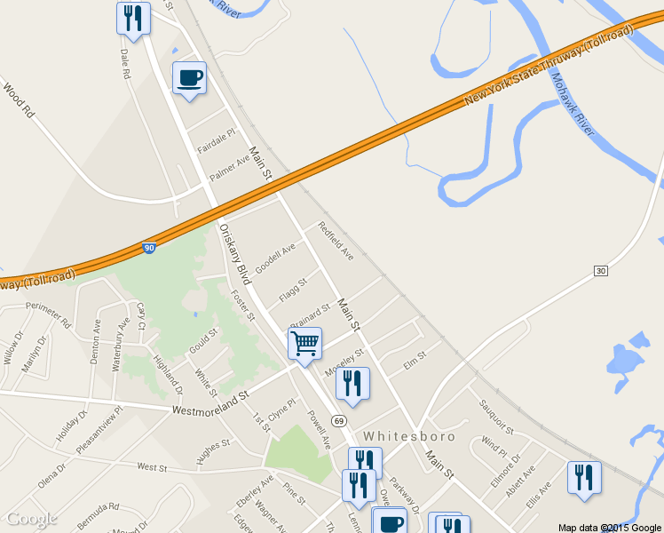 map of restaurants, bars, coffee shops, grocery stores, and more near 190 Main Street in Whitesboro
