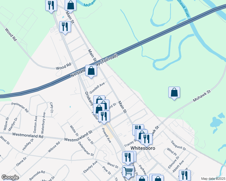 map of restaurants, bars, coffee shops, grocery stores, and more near Main Street & Flagg Street in Whitesboro