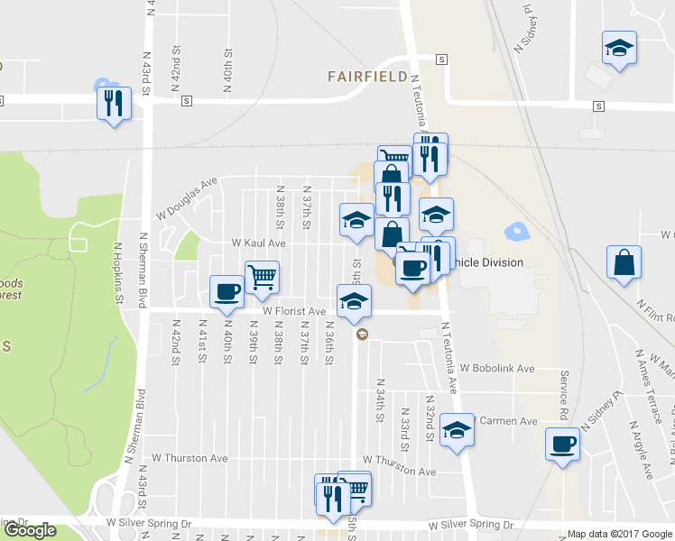 map of restaurants, bars, coffee shops, grocery stores, and more near 6060 North 36th Street in Milwaukee