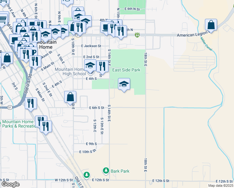 map of restaurants, bars, coffee shops, grocery stores, and more near 1600 East 6th South Street in Mountain Home