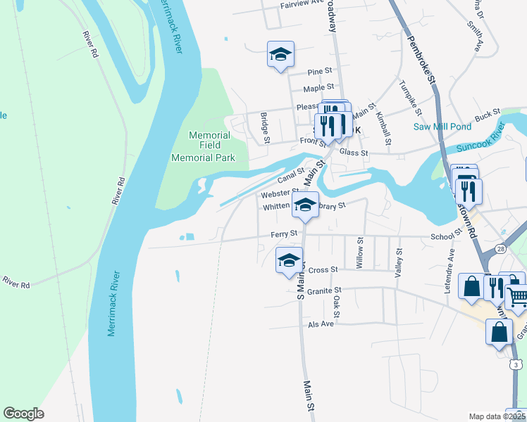 map of restaurants, bars, coffee shops, grocery stores, and more near 16 Whitten Street in Suncook