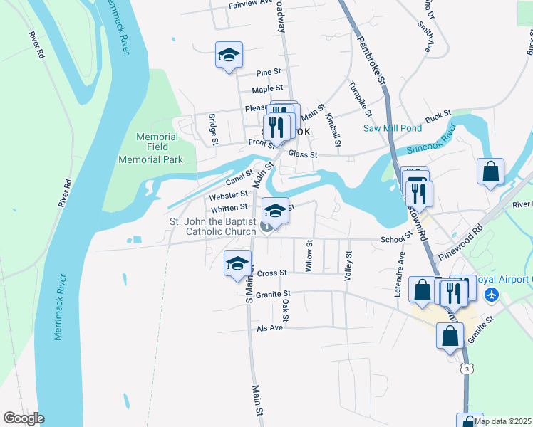 map of restaurants, bars, coffee shops, grocery stores, and more near 1 Library Street in Allenstown