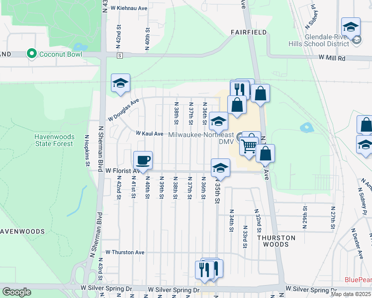 map of restaurants, bars, coffee shops, grocery stores, and more near 6061A North 37th Street in Milwaukee