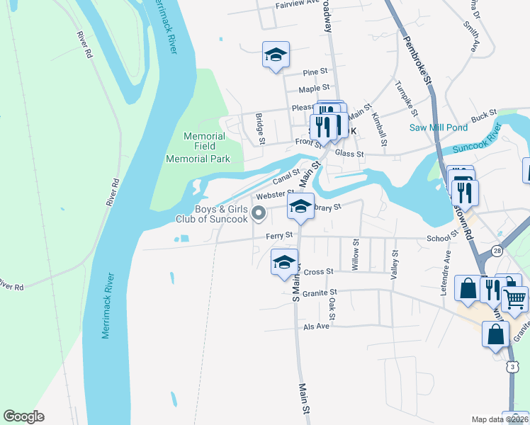 map of restaurants, bars, coffee shops, grocery stores, and more near 12 Whitten Street in Allenstown