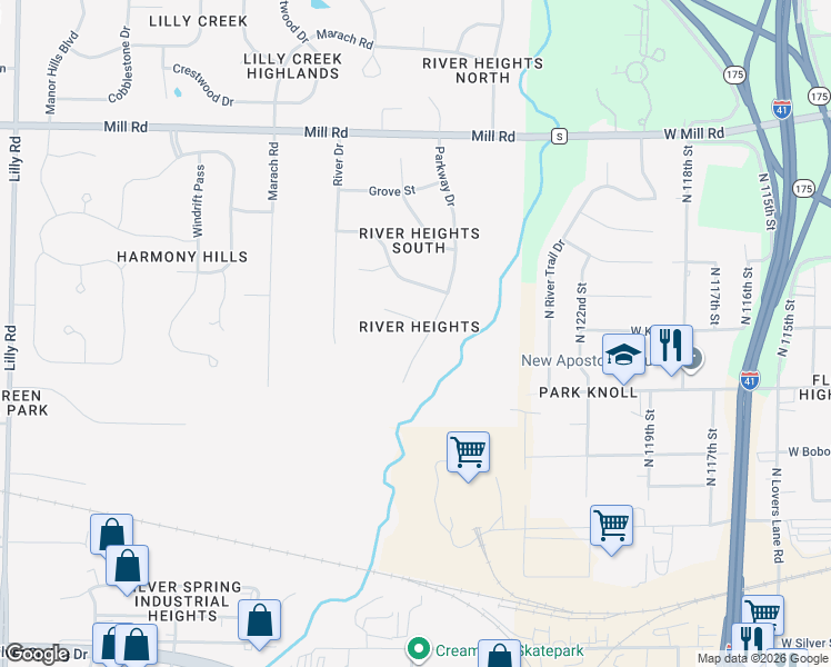 map of restaurants, bars, coffee shops, grocery stores, and more near W126N6087 Parkway Drive in Menomonee Falls