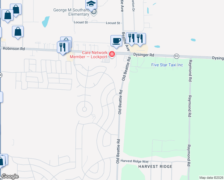 map of restaurants, bars, coffee shops, grocery stores, and more near 384 Birchwood Drive in Lockport