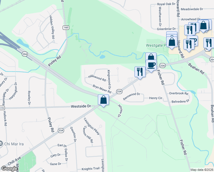 map of restaurants, bars, coffee shops, grocery stores, and more near 5 Kingswood Dr in Rochester