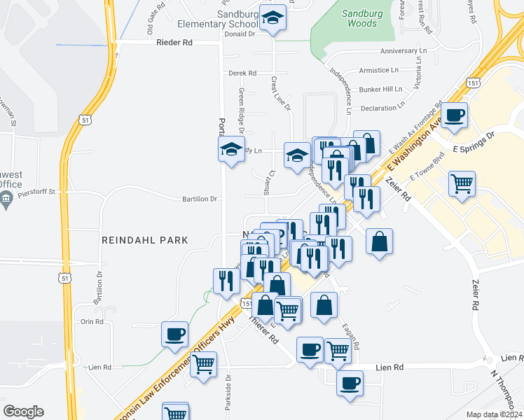 map of restaurants, bars, coffee shops, grocery stores, and more near 4110 Sunnyside Crescent in Madison