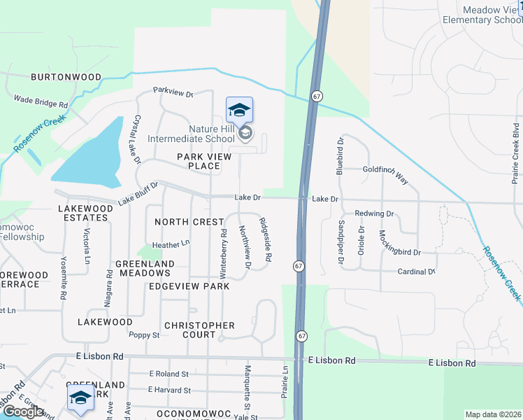 map of restaurants, bars, coffee shops, grocery stores, and more near 1303 Ridgeside Road in Oconomowoc