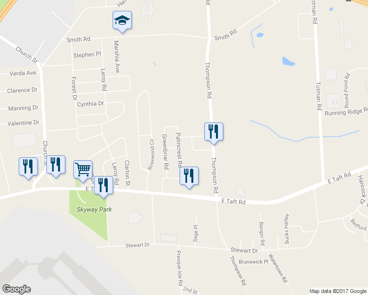 map of restaurants, bars, coffee shops, grocery stores, and more near 7424 Palmcrest Road in Syracuse