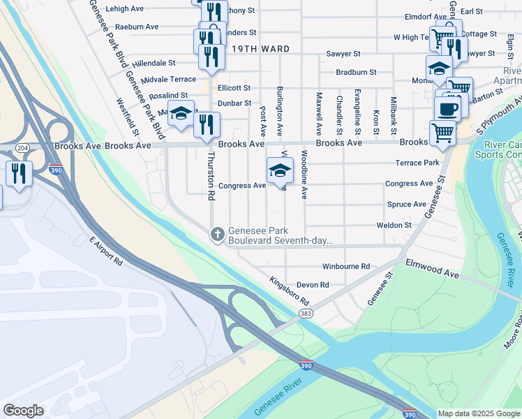 map of restaurants, bars, coffee shops, grocery stores, and more near 881 Post Avenue in Rochester
