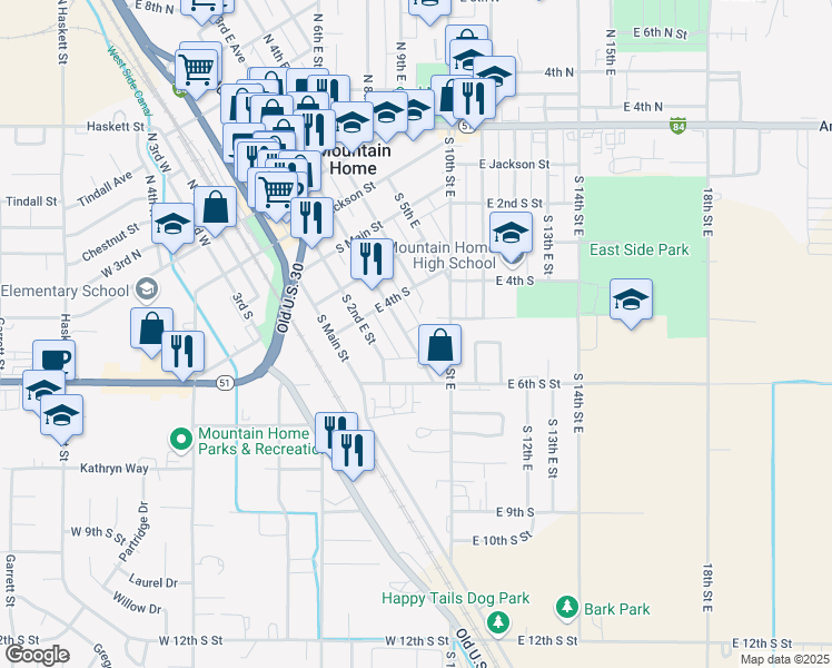 map of restaurants, bars, coffee shops, grocery stores, and more near 500 South 3rd East Street in Mountain Home