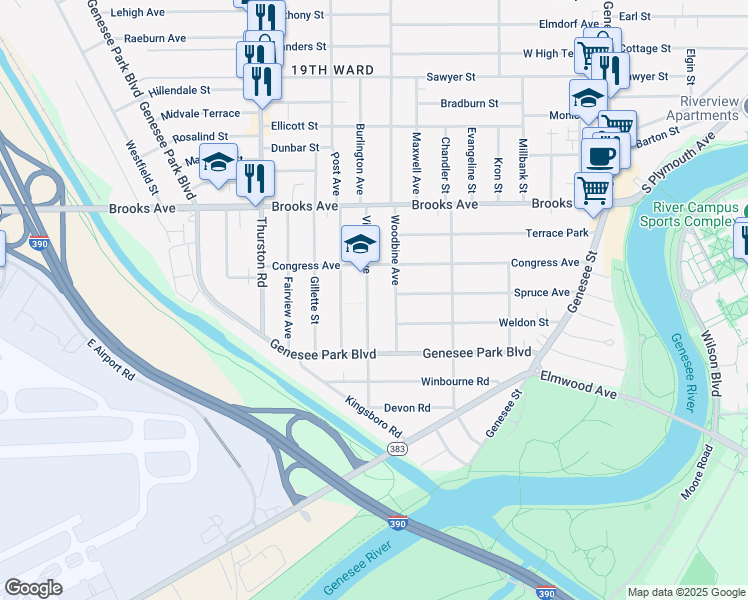 map of restaurants, bars, coffee shops, grocery stores, and more near 140 Virginia Avenue in Rochester