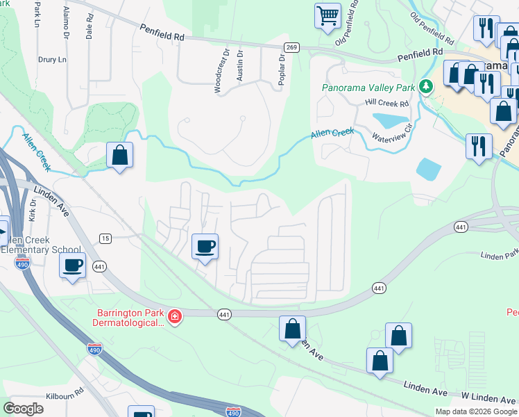 map of restaurants, bars, coffee shops, grocery stores, and more near 6 Spinet Drive in Panorama
