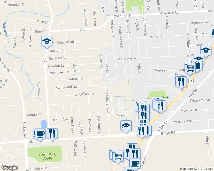 map of restaurants, bars, coffee shops, grocery stores, and more near 205 Waterbury Drive in Syracuse