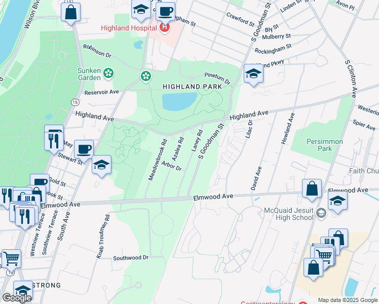 map of restaurants, bars, coffee shops, grocery stores, and more near 95 Laney Road in Rochester