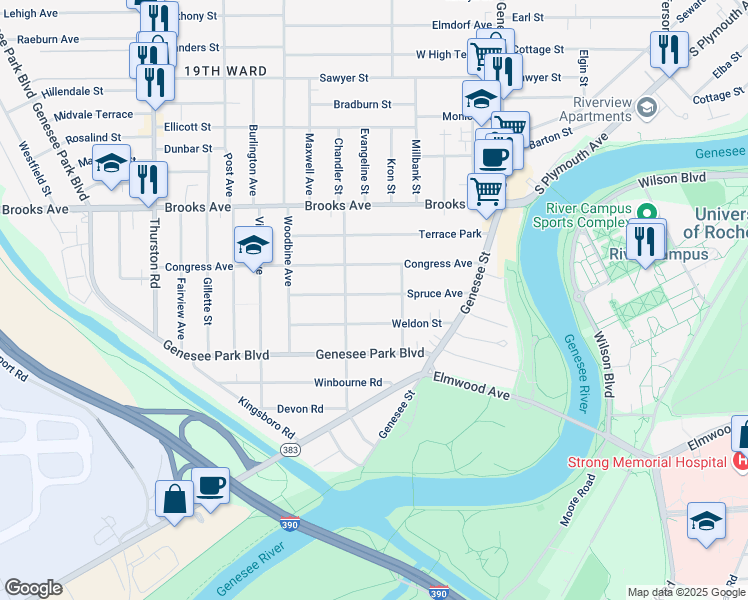 map of restaurants, bars, coffee shops, grocery stores, and more near 149 Spruce Avenue in Rochester