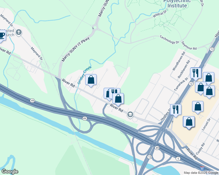map of restaurants, bars, coffee shops, grocery stores, and more near 5491 Flanagan Road in Marcy