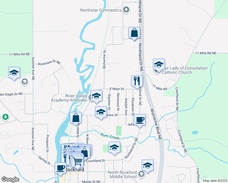 map of restaurants, bars, coffee shops, grocery stores, and more near 236 East Main Street in Rockford
