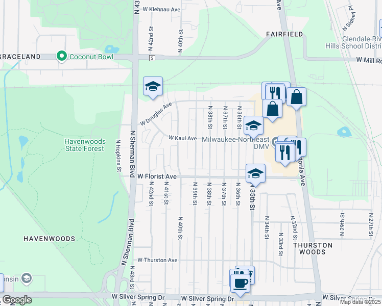 map of restaurants, bars, coffee shops, grocery stores, and more near 6061 North 39th Street in Milwaukee