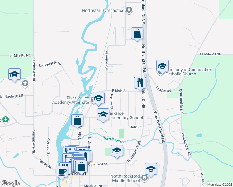 map of restaurants, bars, coffee shops, grocery stores, and more near 377 Norwood Street in Rockford