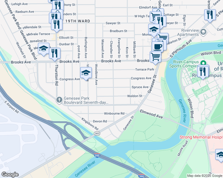 map of restaurants, bars, coffee shops, grocery stores, and more near 205 Spruce Avenue in Rochester
