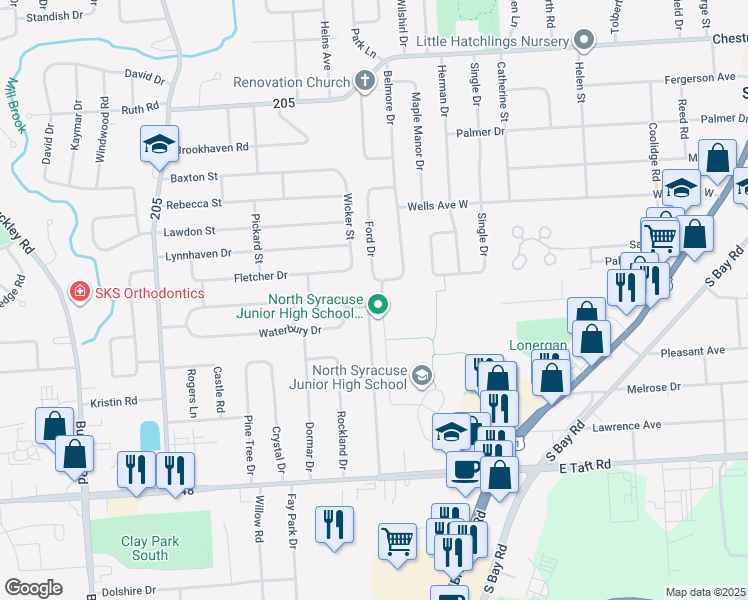 map of restaurants, bars, coffee shops, grocery stores, and more near 207 Waterbury Drive in Syracuse