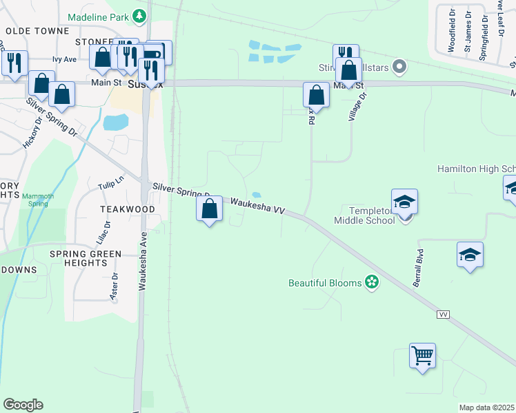 map of restaurants, bars, coffee shops, grocery stores, and more near Waukesha VV in Waukesha County