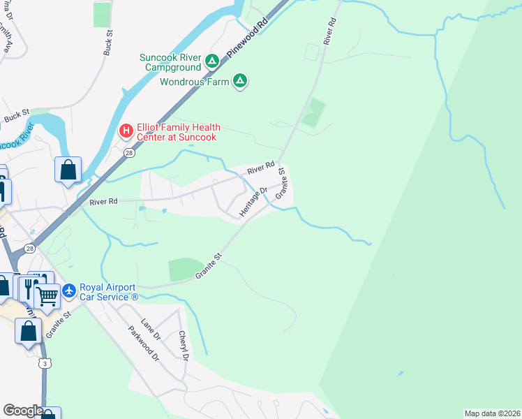 map of restaurants, bars, coffee shops, grocery stores, and more near 180 Granite Street in Allenstown