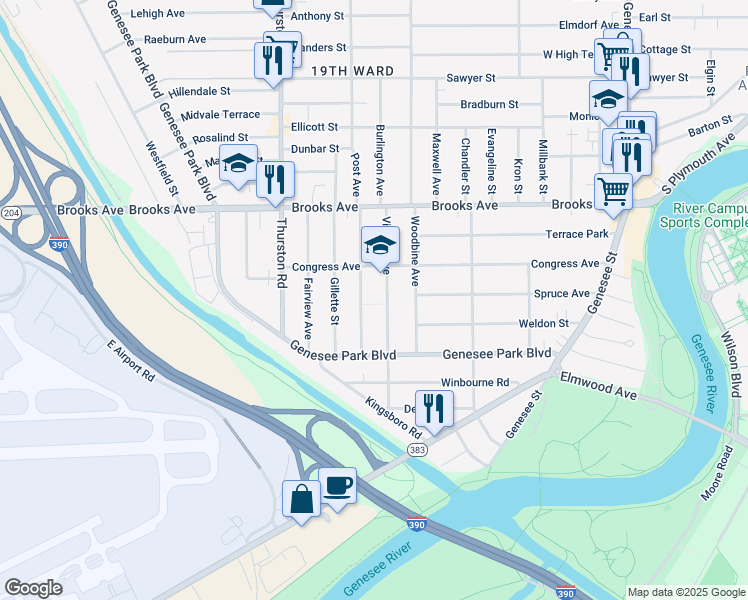 map of restaurants, bars, coffee shops, grocery stores, and more near 353 Congress Avenue in Rochester