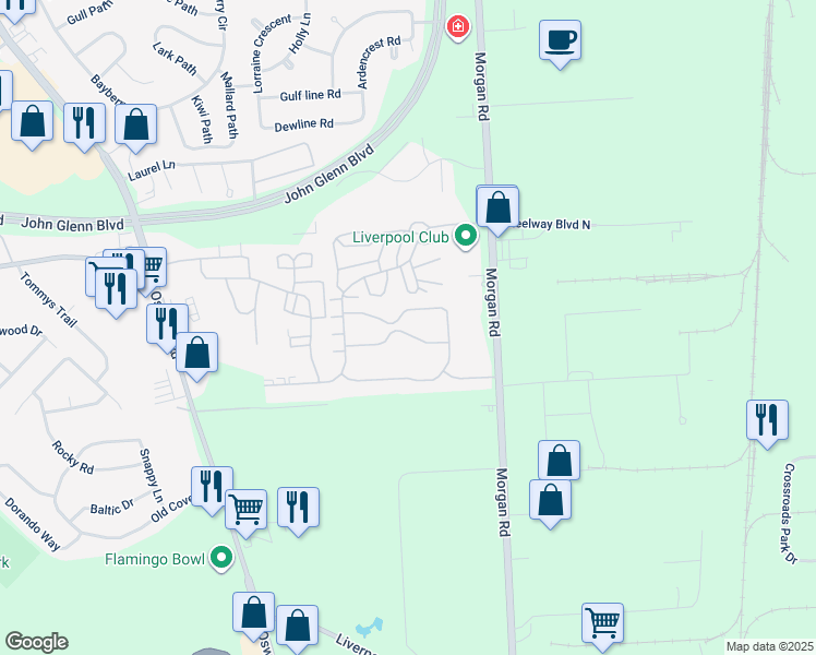 map of restaurants, bars, coffee shops, grocery stores, and more near 18 Braemar Drive in Liverpool