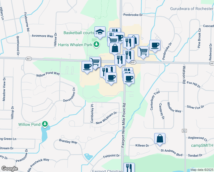 map of restaurants, bars, coffee shops, grocery stores, and more near 2161 Fairport Nine Mile Point Road in Fairport