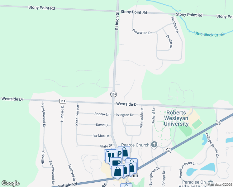 map of restaurants, bars, coffee shops, grocery stores, and more near 3040 South Union Street in Rochester