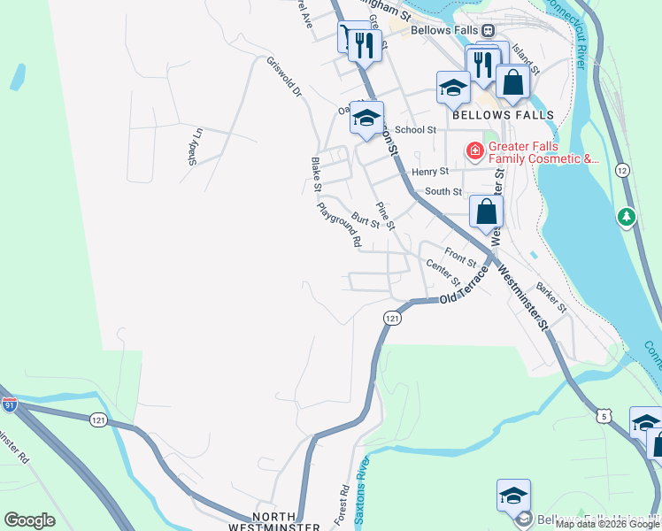 map of restaurants, bars, coffee shops, grocery stores, and more near 10 King Street in Town of Rockingham