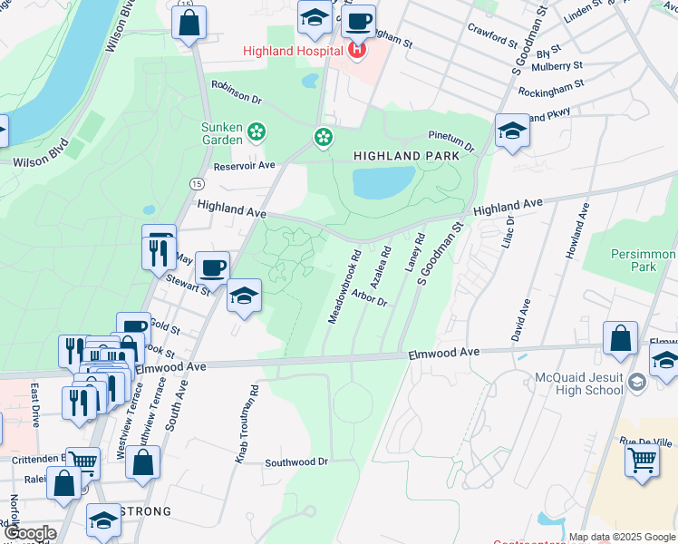 map of restaurants, bars, coffee shops, grocery stores, and more near 59 Meadowbrook Road in Rochester