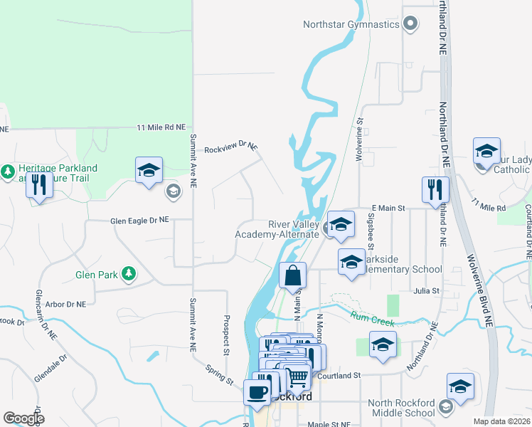 map of restaurants, bars, coffee shops, grocery stores, and more near 63 Riverchase Drive in Rockford