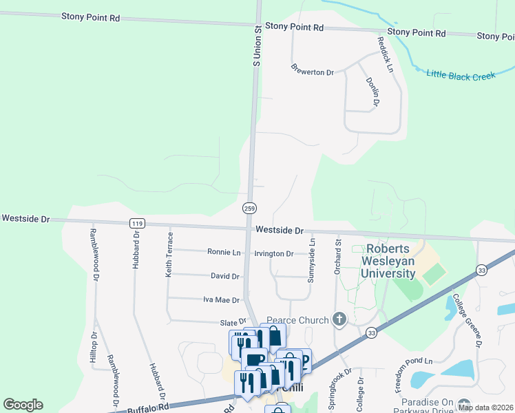 map of restaurants, bars, coffee shops, grocery stores, and more near 3040 South Union Street in Rochester