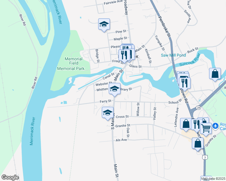 map of restaurants, bars, coffee shops, grocery stores, and more near 8 Whitten Street in Suncook