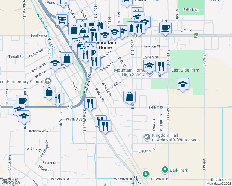 map of restaurants, bars, coffee shops, grocery stores, and more near 500 South 3rd East Street in Mountain Home