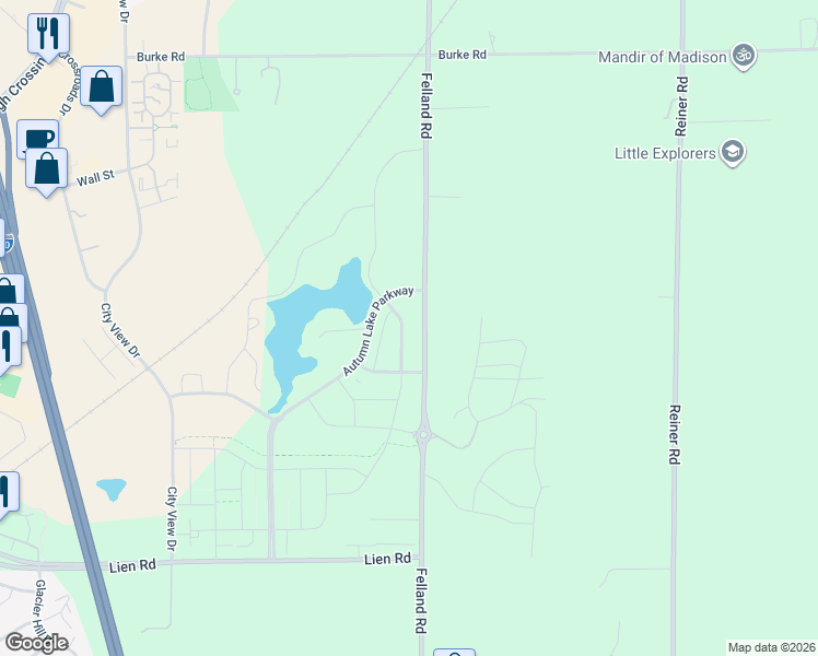 map of restaurants, bars, coffee shops, grocery stores, and more near 2209 Waterfall Way in Madison