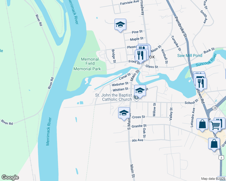 map of restaurants, bars, coffee shops, grocery stores, and more near 16 Whitten Street in Suncook