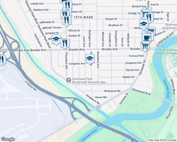 map of restaurants, bars, coffee shops, grocery stores, and more near 881 Post Avenue in Rochester